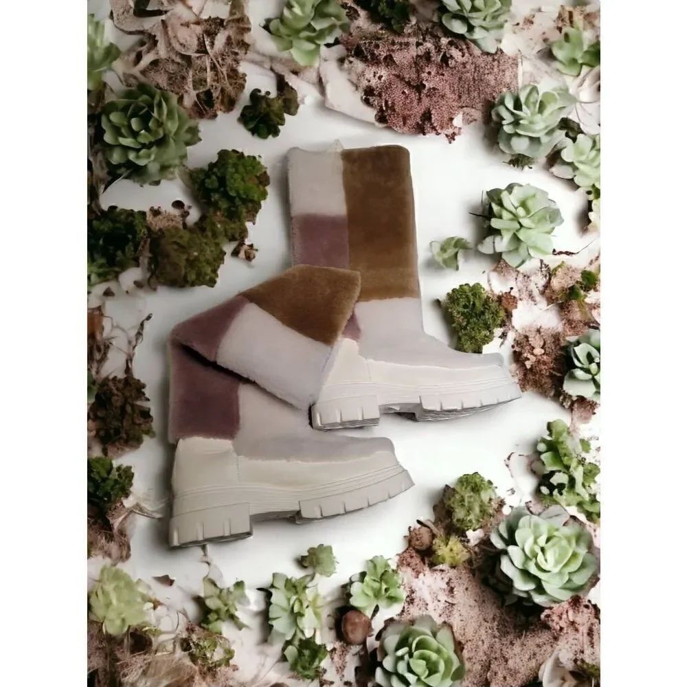 Free People Happy Thoughts Shearling Fur Boot Colorblock White Tan Rose 7 1/2